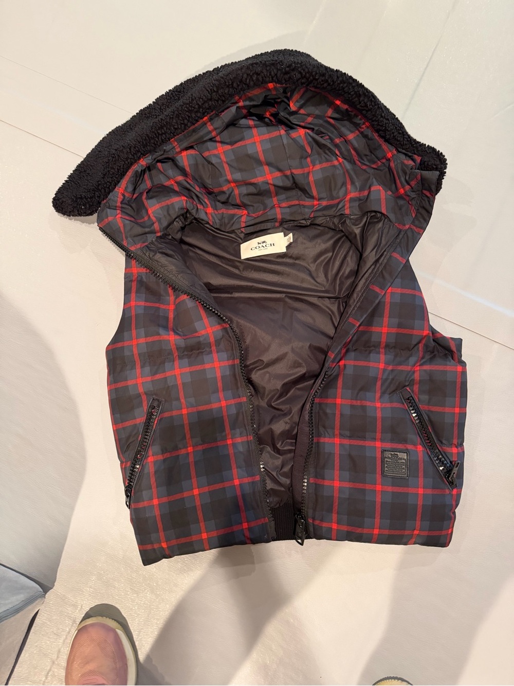Coach Black Vest with Red Plaid Accents